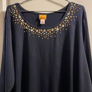 Ruby Rd 3X Navy &Gold Shirt 95%Polyester 5% Spandex long sleeve